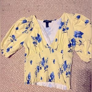 Blue and yellow puff sleeve crop top